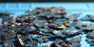 Pile of disassembled circuit boards on a blue surface. Perfect for tech themes.