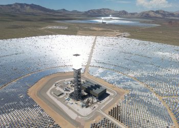 Expansive solar power plant in the California desert, showcasing renewable energy technology.
