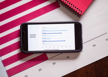 A smartphone showing export goods charts on a desk with graphs and a notebook.