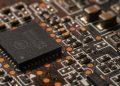Detailed close-up of a computer circuit board showcasing electronic components.