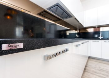 Sleek modern kitchen design featuring white cabinets and Soviore brand details.