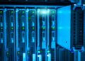 Detailed view of a server rack with a focus on technology and data storage.