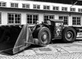 Black and white photo of historical mining machinery at Rammelsberg Museum in Goslar, Germany.