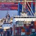 Container ships docked at Tollerort Terminal, Hamburg during sunset.