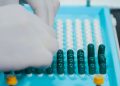 Close-up view of gloved hands arranging capsules on a sterile tray, indicative of pharmaceutical practices.