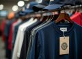 Close-up of branded t-shirts and caps hanging in a retail clothing store.