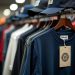 Close-up of branded t-shirts and caps hanging in a retail clothing store.