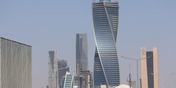 Skyline view of Riyadh's modern architecture with distinctive skyscrapers.