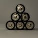 Metallic AA batteries stacked in a pyramid shape, symbolizing power and energy storage.