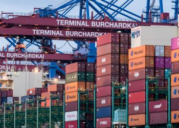 View of shipping containers and cranes at Hamburg's Burchardkai terminal.